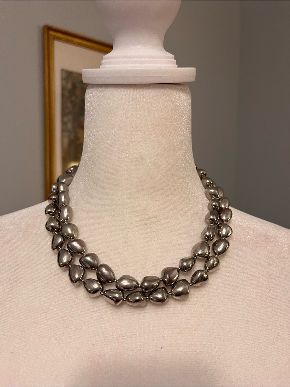 Elegant Double-Strand Pewter/Silver Bead Necklace - Silver